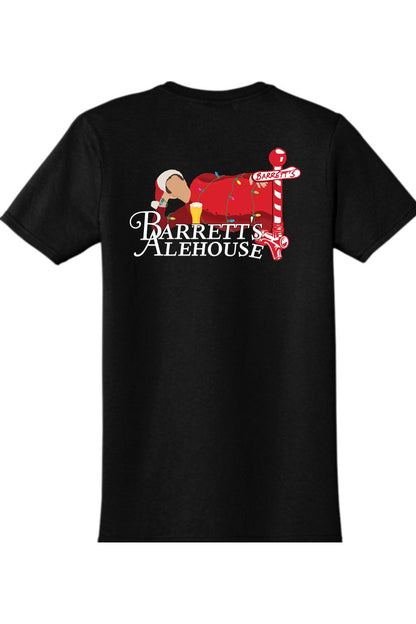 Black 100% cotton t-shirt featuring a festive Santa graphic with a beer tap and Barrett's Alehouse logo.