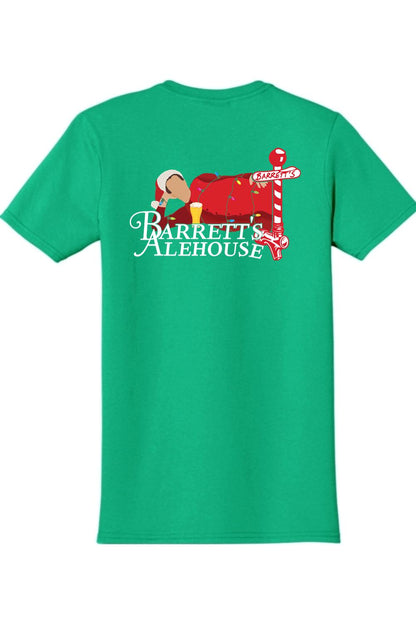 Green 100% cotton t-shirt featuring a festive Santa graphic with a beer and Barrett's Alehouse logo on the back.