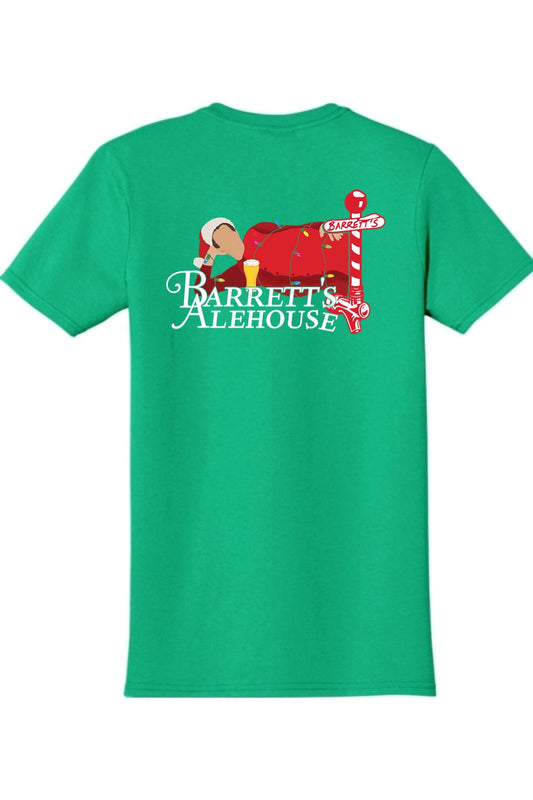 Green 100% cotton t-shirt featuring a festive Santa graphic with a beer and Barrett's Alehouse logo on the back.