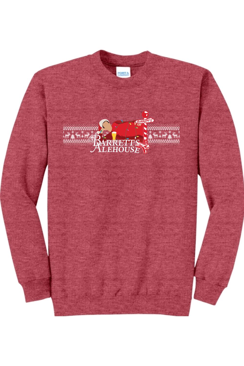 Red heathered cotton-poly crewneck sweatshirt featuring a festive Santa graphic and Barrett's Alehouse Fair Isle pattern.