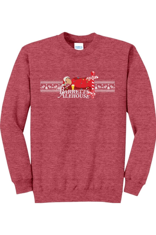 Red heathered cotton-poly crewneck sweatshirt featuring a festive Santa graphic and Barrett's Alehouse Fair Isle pattern.