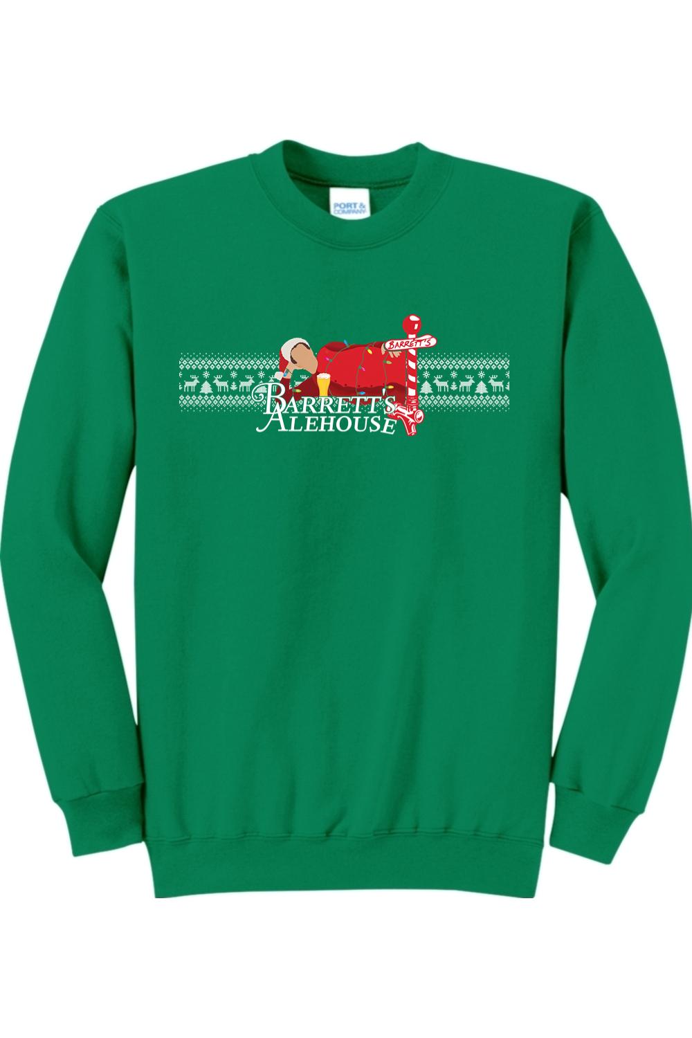 Green cotton-poly fleece crewneck sweatshirt featuring a festive Santa Fair Isle design and Barrett's Alehouse logo.