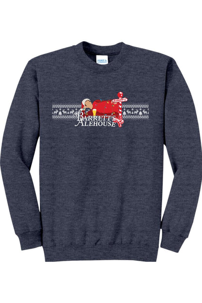 Navy blue cotton-poly fleece crewneck sweatshirt featuring a festive Santa and Barrett's Alehouse Fair Isle graphic.