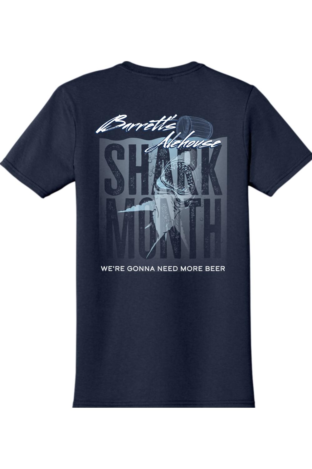 Navy blue cotton t-shirt featuring a Barrett's Alehouse Shark Month 2024 graphic with a shark and beer barrel design.