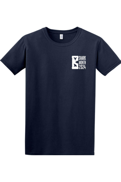 Navy blue cotton crewneck t-shirt featuring a white Barrett's Alehouse Shark Month 2024 logo on the left chest.