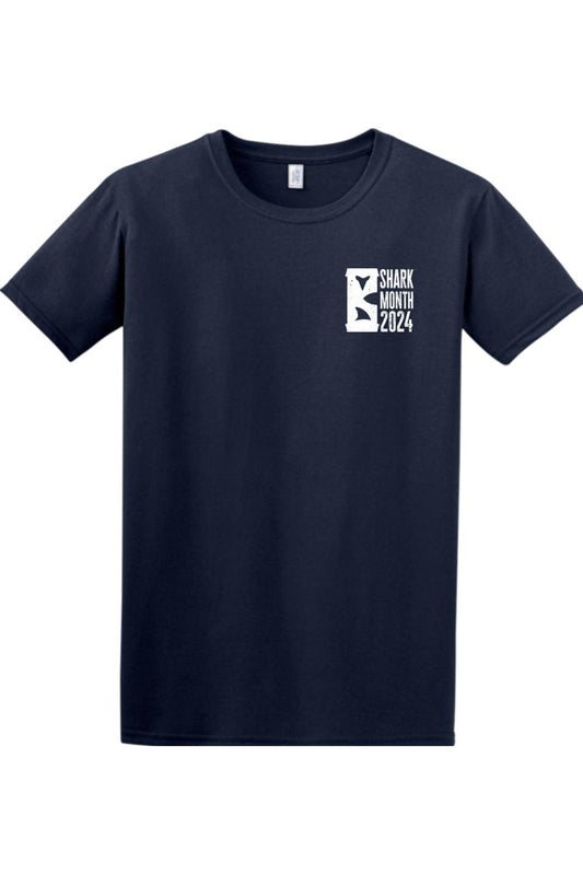 Navy blue cotton crewneck t-shirt featuring a white Barrett's Alehouse Shark Month 2024 logo on the left chest.