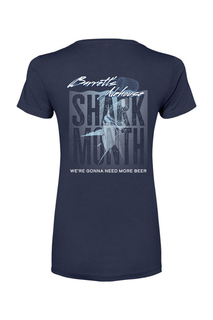 Navy blue women's cotton-blend t-shirt featuring a Barrett's Alehouse Shark Month graphic with a shark and beer mug.