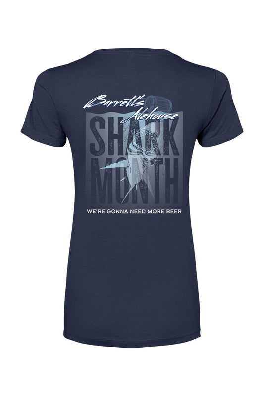 Navy blue women's cotton-blend t-shirt featuring a Barrett's Alehouse Shark Month graphic with a shark and beer mug.