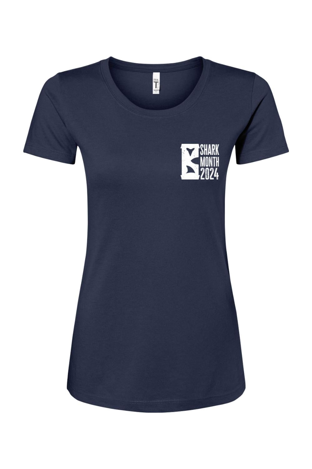Navy blue women's cotton-blend t-shirt featuring a white Shark Month 2024 graphic on the left chest.