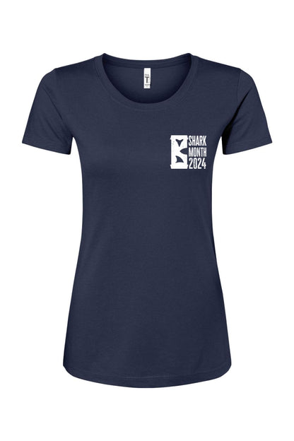 Navy blue women's cotton-blend t-shirt featuring a white Shark Month 2024 graphic on the left chest.