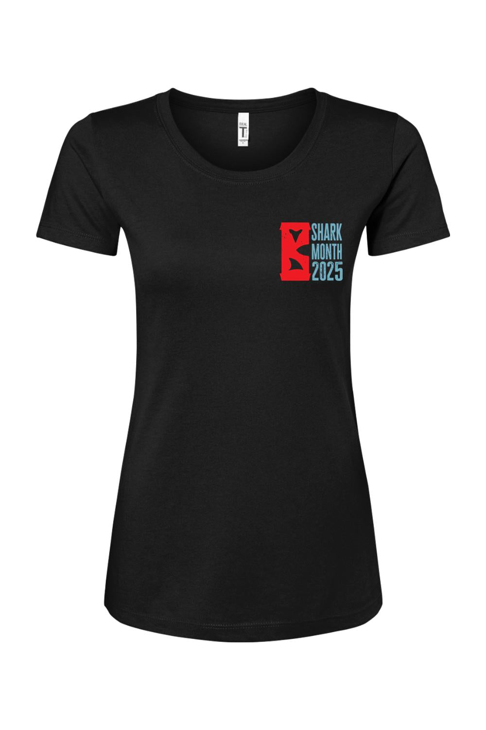 Women's black cotton-blend t-shirt featuring a red and blue Shark Month 2025 chest graphic.