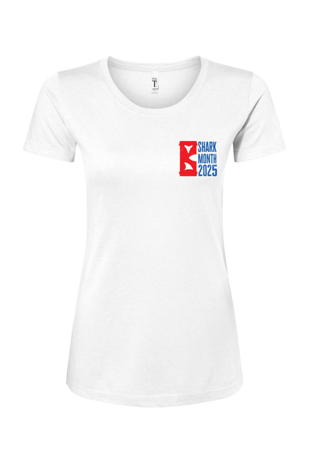 Women's white cotton-blend t-shirt featuring a red and blue Shark Month 2025 logo on the left chest.
