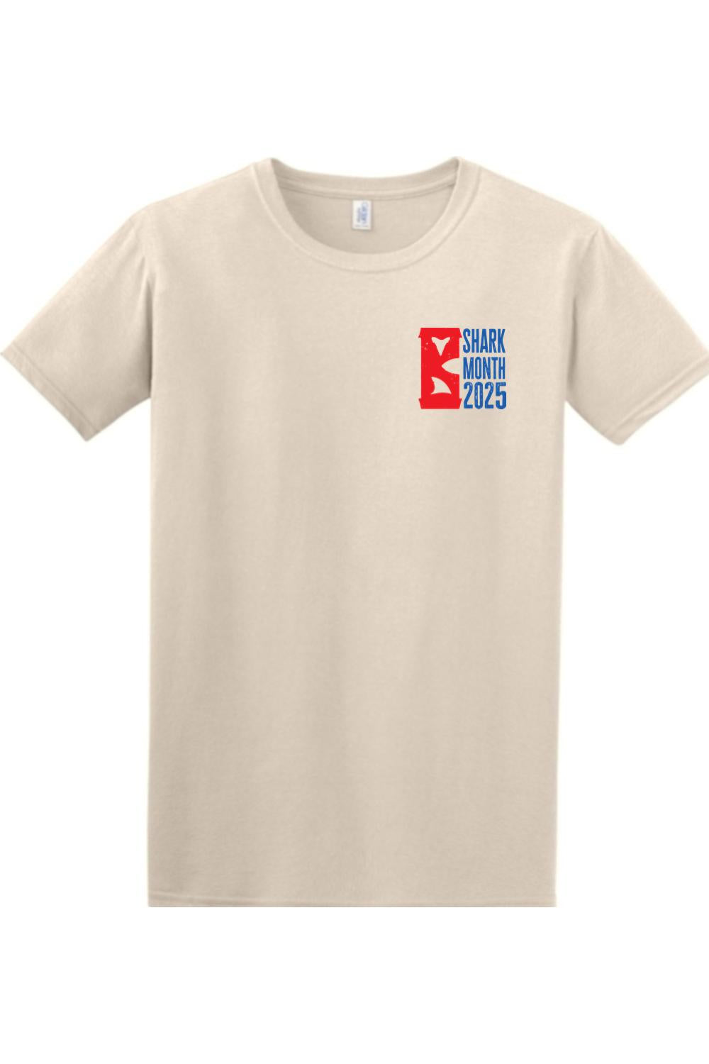 Beige 100% cotton crewneck t-shirt featuring a red and blue Shark Month 2025 logo on the left chest.