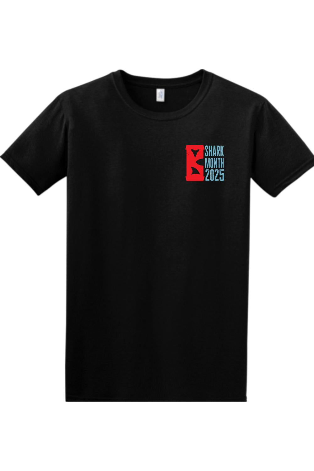 Black 100% cotton crew neck t-shirt featuring a red and blue Shark Month 2025 logo on the left chest.