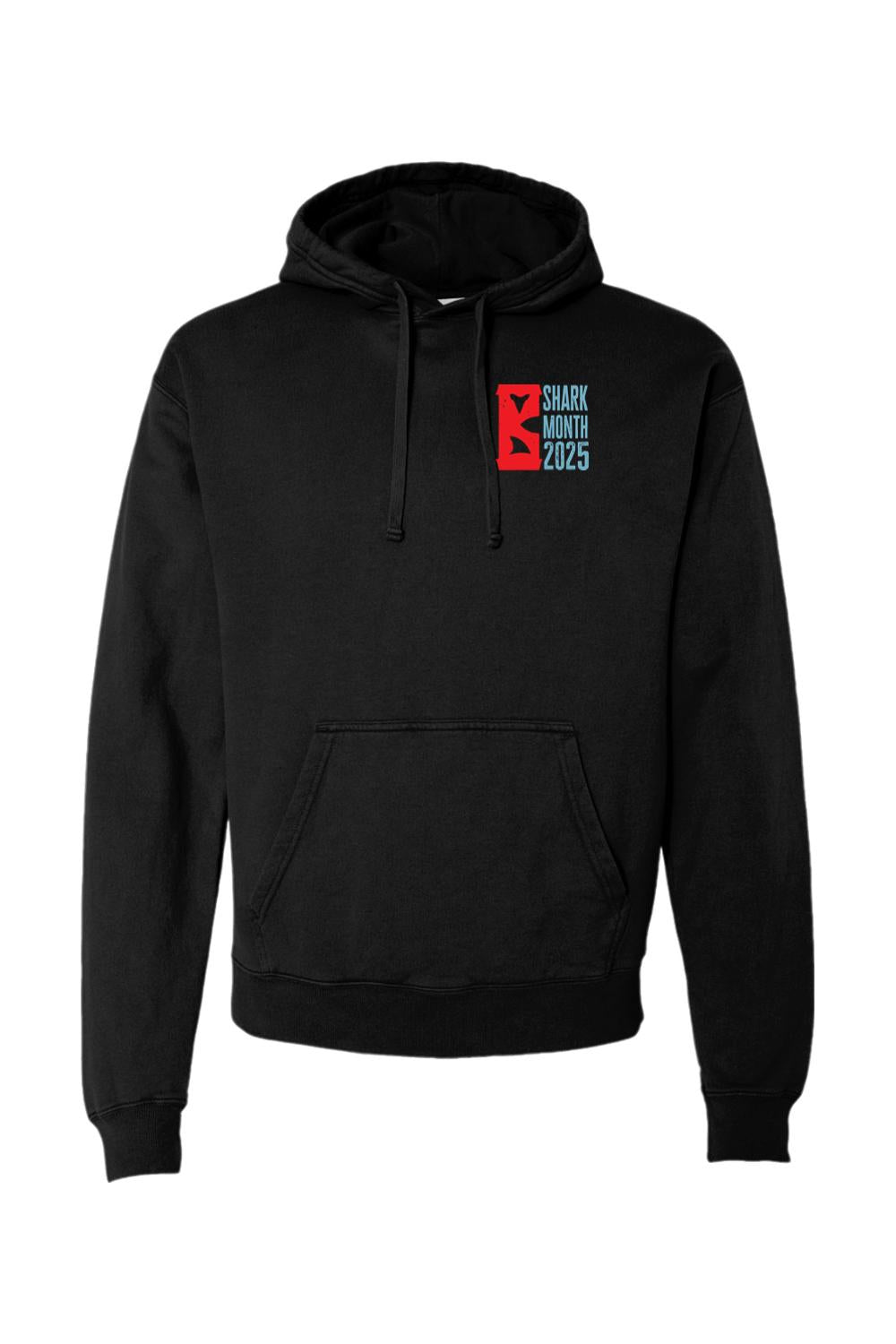 Black garment-dyed cotton hoodie featuring a red and blue Shark Month 2025 logo on the chest.