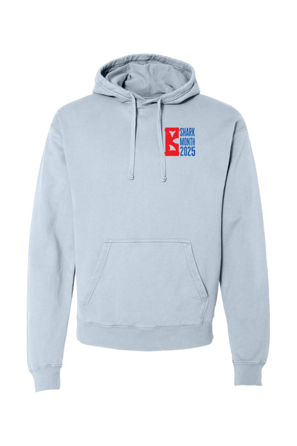 Light blue garment-dyed men's hoodie with a red and blue Shark Month 2025 logo on the chest and front pocket.