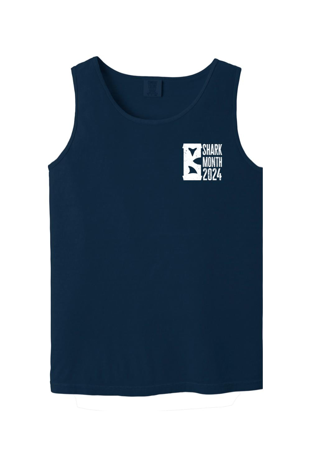 Navy blue Comfort Colors cotton tank top featuring a white Shark Month 2024 graphic on the chest.