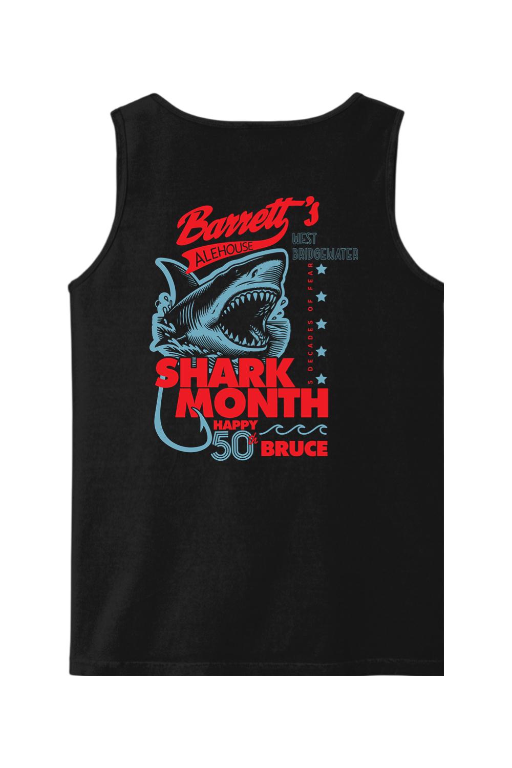 Black Comfort Colors tank top featuring a Barrett's Alehouse Shark Month graphic with a shark and 50th anniversary text.
