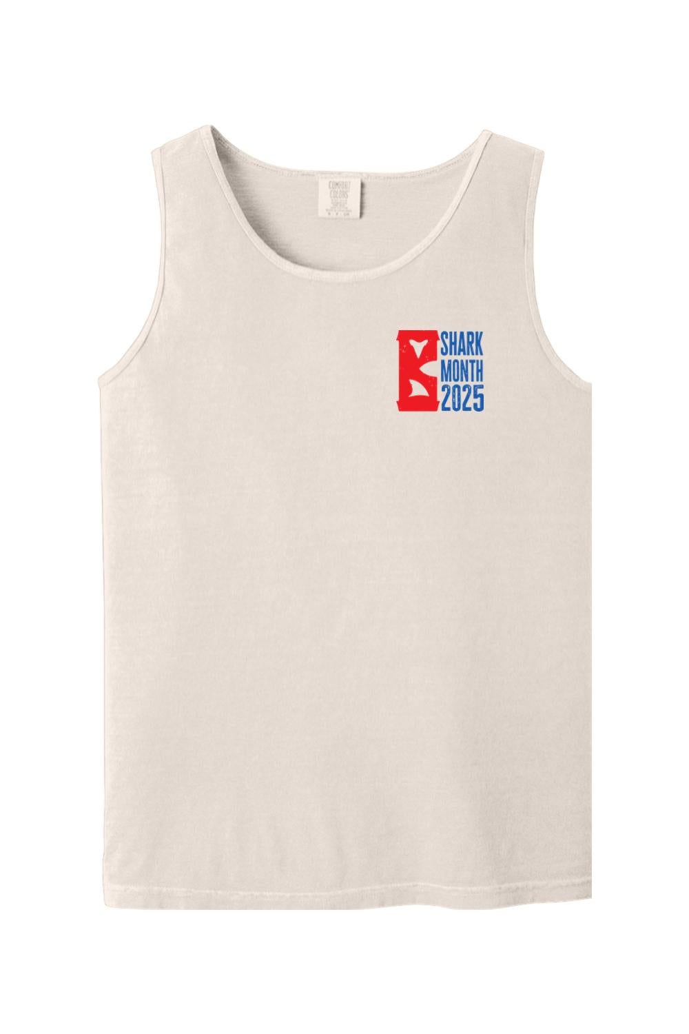Beige Comfort Colors cotton tank top featuring a red and blue Shark Month 2025 logo on the chest.