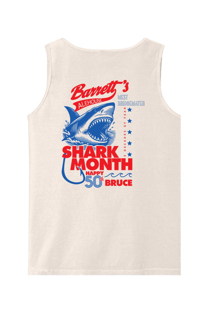 Off-white Comfort Colors tank top featuring a blue and red Barrett's Alehouse Shark Month graphic on the back.