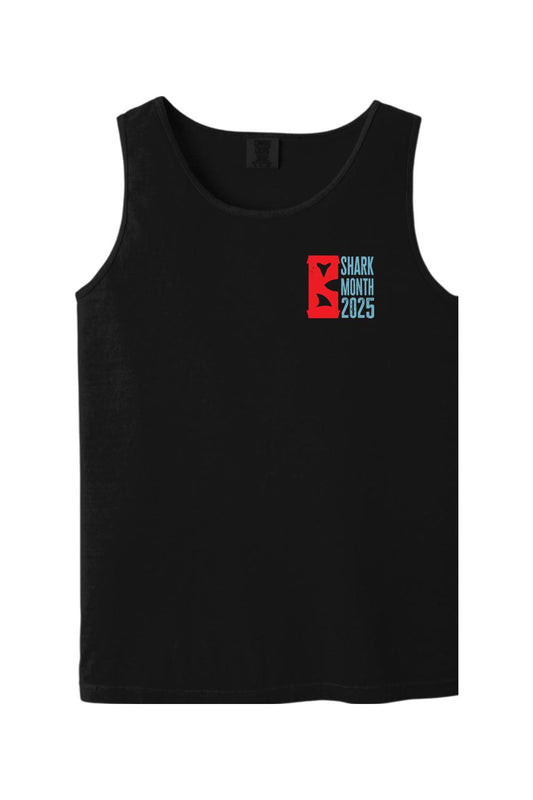 Black Comfort Colors cotton tank top featuring a red and blue Shark Month 2025 graphic on the chest.