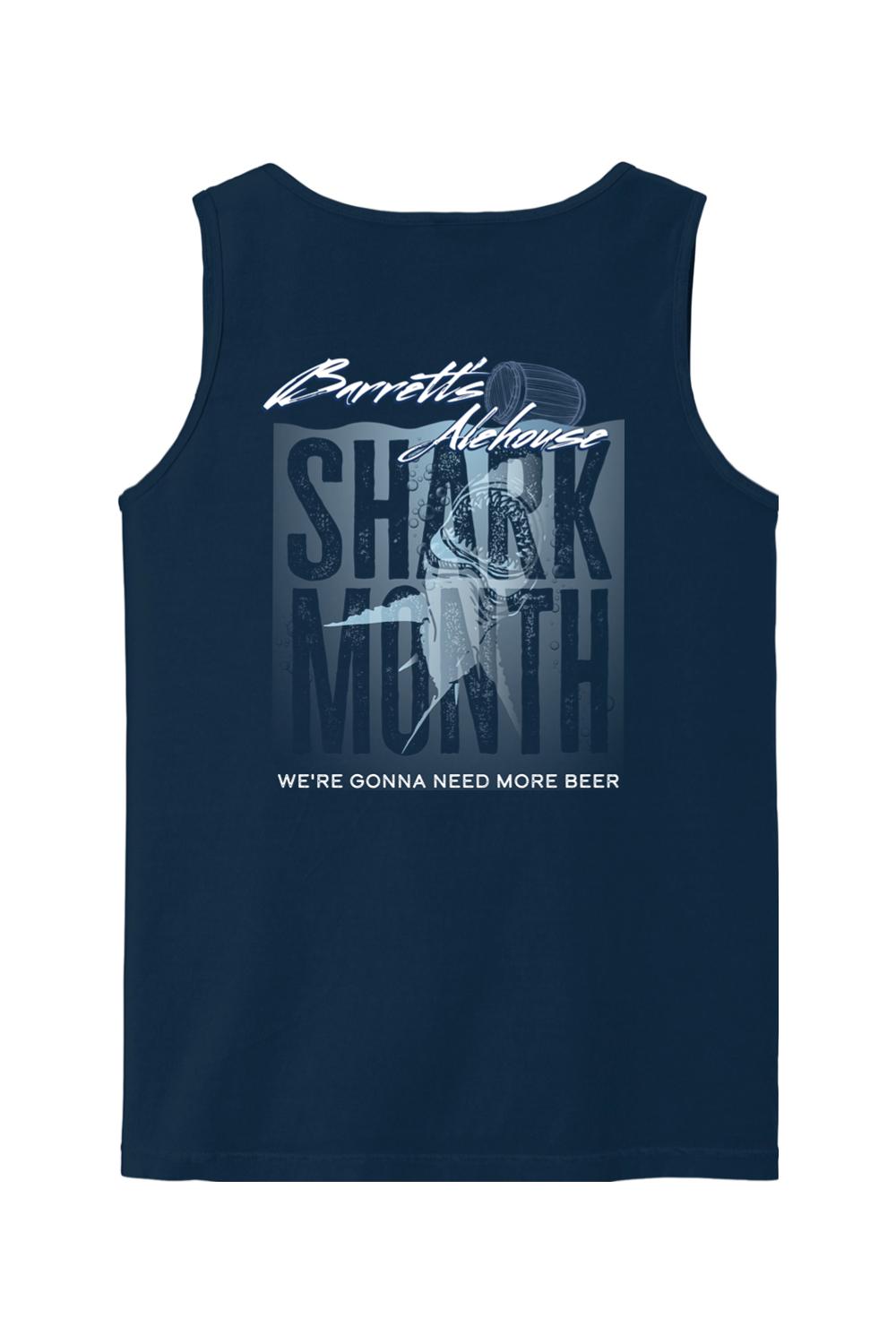 Navy blue Comfort Colors tank top featuring a Barrett's Alehouse Shark Month graphic with a shark and beer mug design.