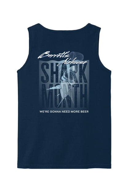 Navy blue Comfort Colors tank top featuring a Barrett's Alehouse Shark Month graphic with a shark and beer mug design.