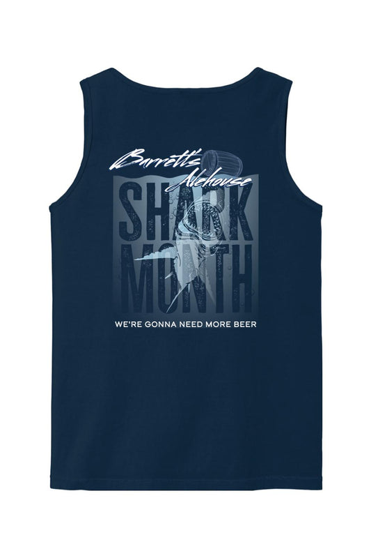 Navy blue Comfort Colors tank top featuring a Barrett's Alehouse Shark Month graphic with a shark and beer mug design.