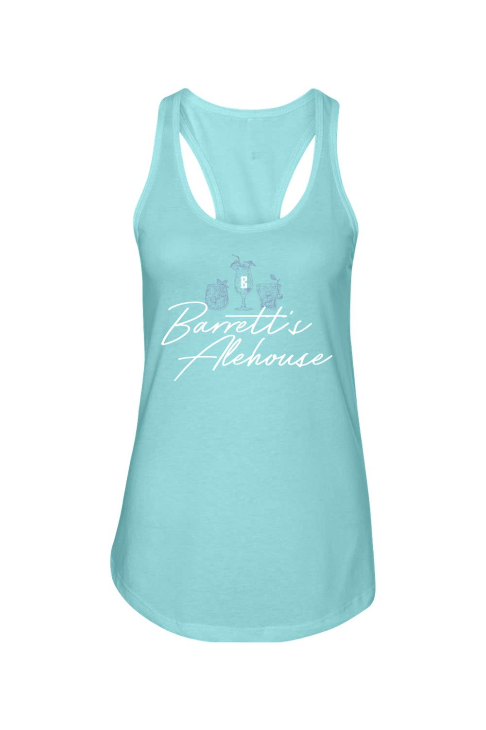 Light blue cotton-blend racerback tank top featuring a white Barrett's Alehouse logo and summer cocktail graphic.