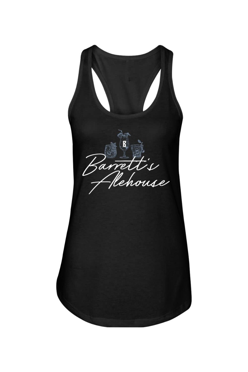 Black cotton-blend racerback tank top featuring a white Barrett's Alehouse cocktail graphic on the front.