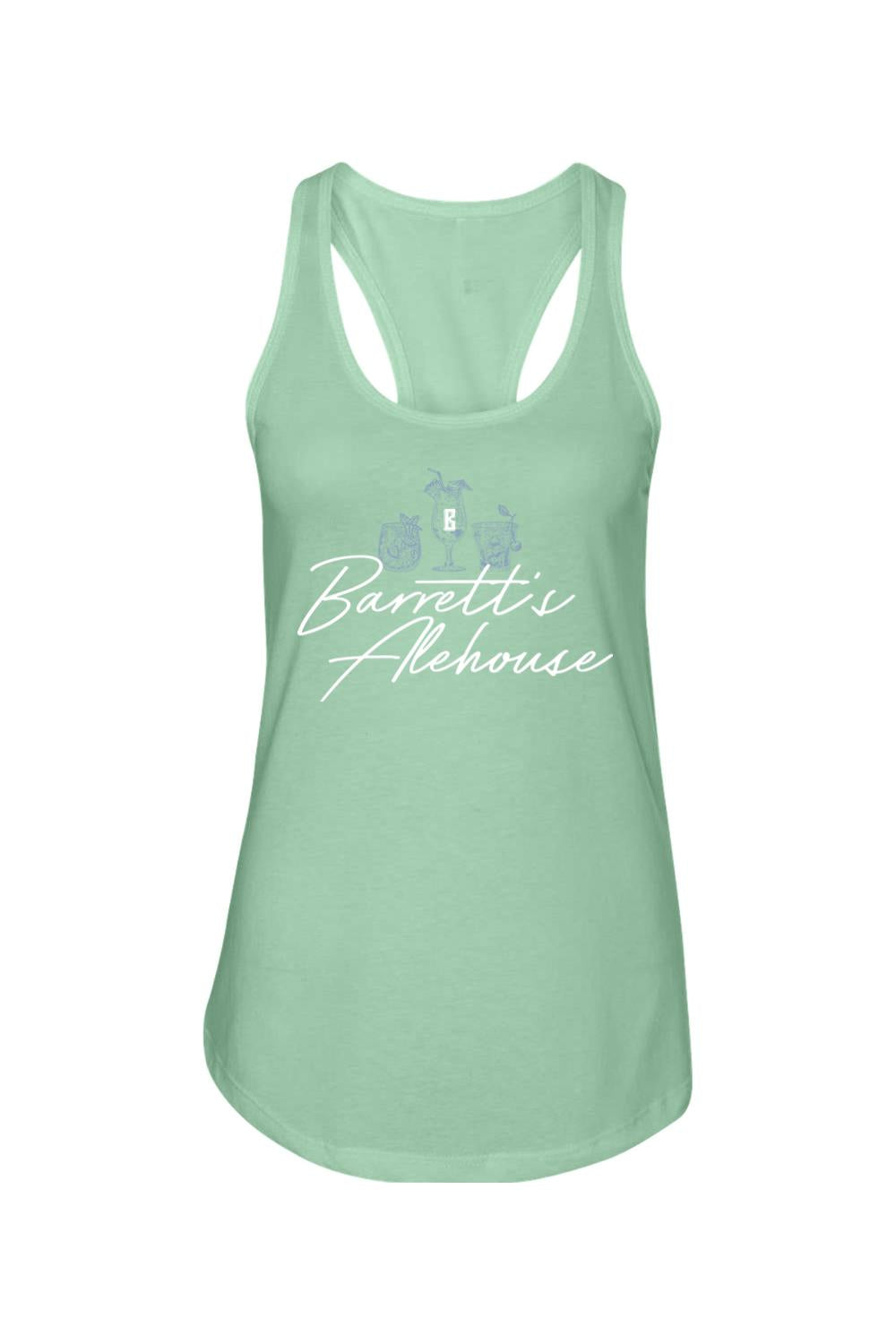 Light green cotton-blend racerback tank top with white Barrett's Alehouse cocktail graphic print.