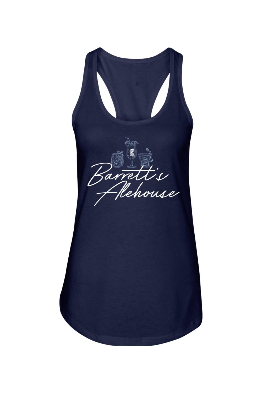 Navy blue cotton-poly racerback tank top featuring a white Barrett's Alehouse summer cocktail graphic.