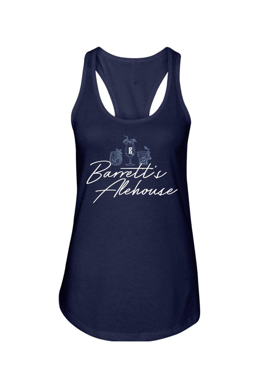 Navy blue cotton-poly racerback tank top featuring a white Barrett's Alehouse summer cocktail graphic.