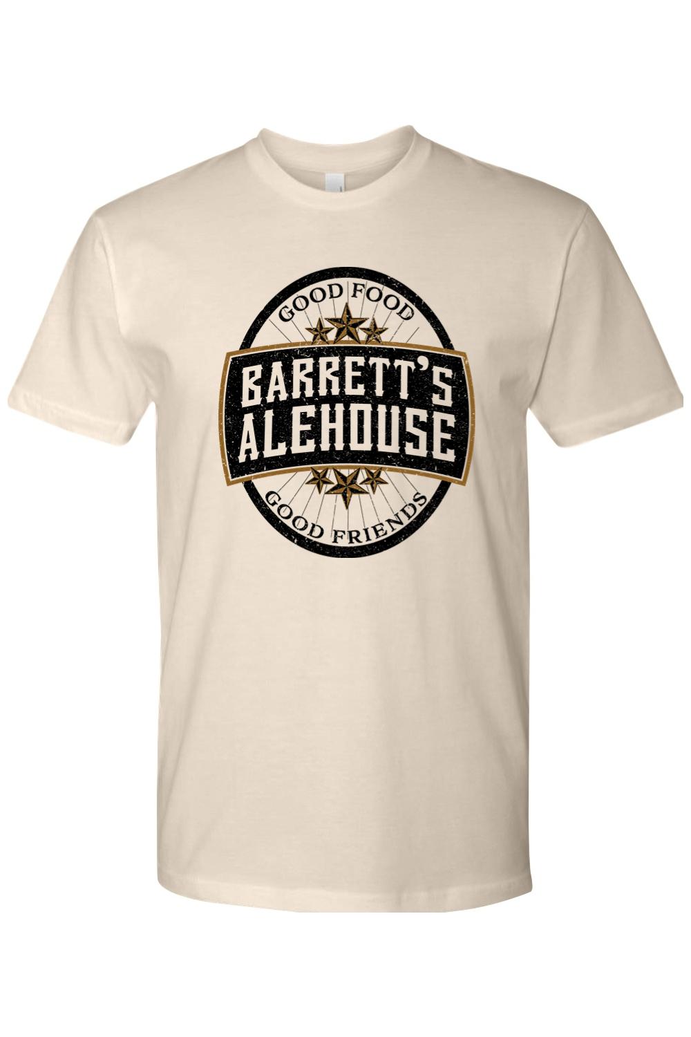 Cream-colored cotton t-shirt featuring a vintage black and gold Barrett's Alehouse throwback logo graphic.