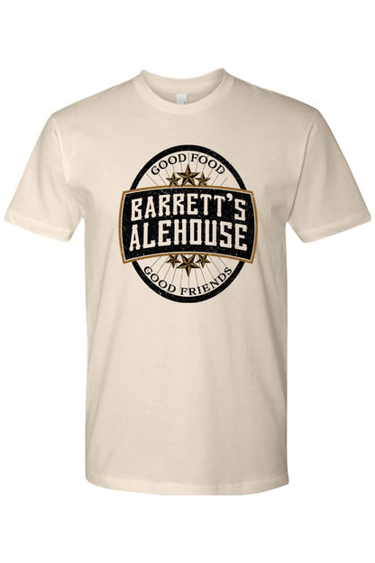 Cream-colored cotton t-shirt featuring a vintage black and gold Barrett's Alehouse throwback logo graphic.