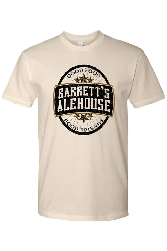 Cream-colored cotton t-shirt featuring a vintage black and gold Barrett's Alehouse throwback logo graphic.