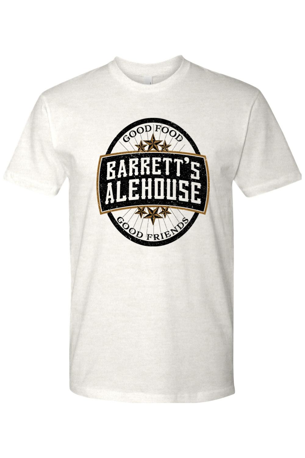 White cotton t-shirt featuring a vintage Barrett's Alehouse logo with black and gold circular graphic design.