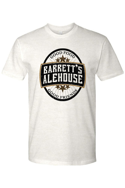 White cotton t-shirt featuring a vintage Barrett's Alehouse logo with black and gold circular graphic design.