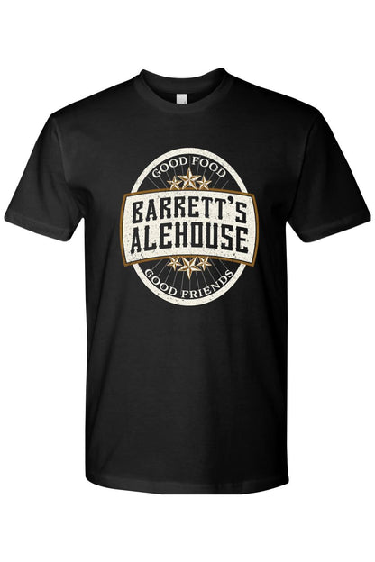 Black cotton t-shirt featuring a vintage Barrett's Alehouse logo with distressed white and gold graphic print.