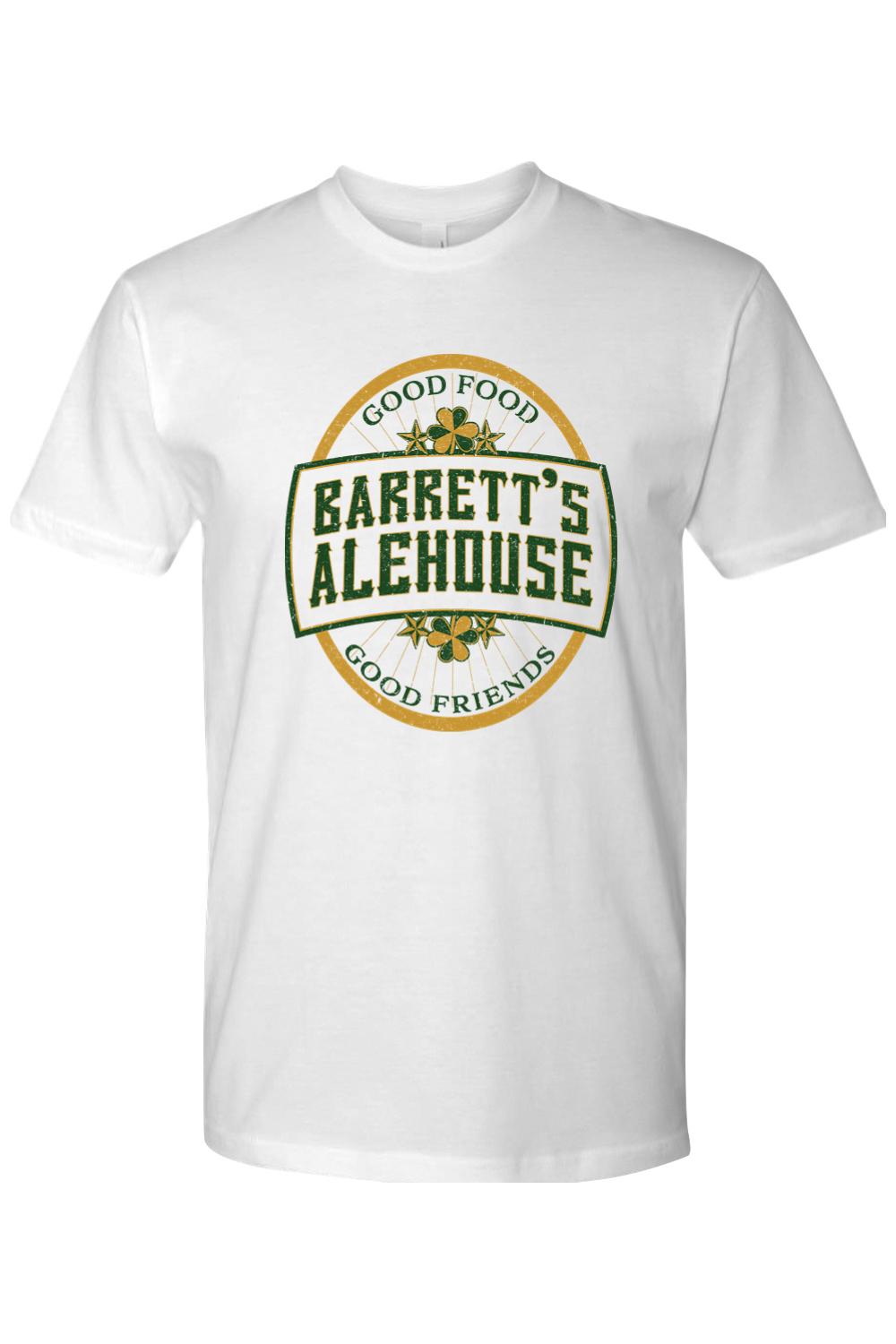 White cotton unisex t-shirt featuring a green and gold Barrett's Alehouse logo with shamrock accents.