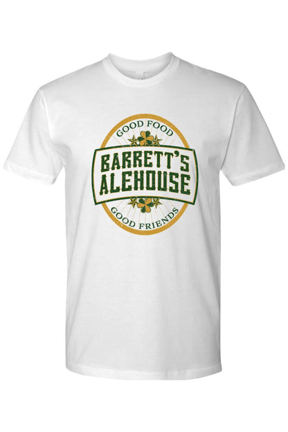 White cotton unisex t-shirt featuring a green and gold Barrett's Alehouse logo with shamrock accents.