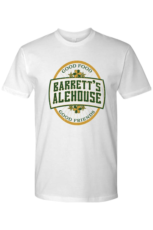White cotton unisex t-shirt featuring a green and gold Barrett's Alehouse logo with shamrock accents.