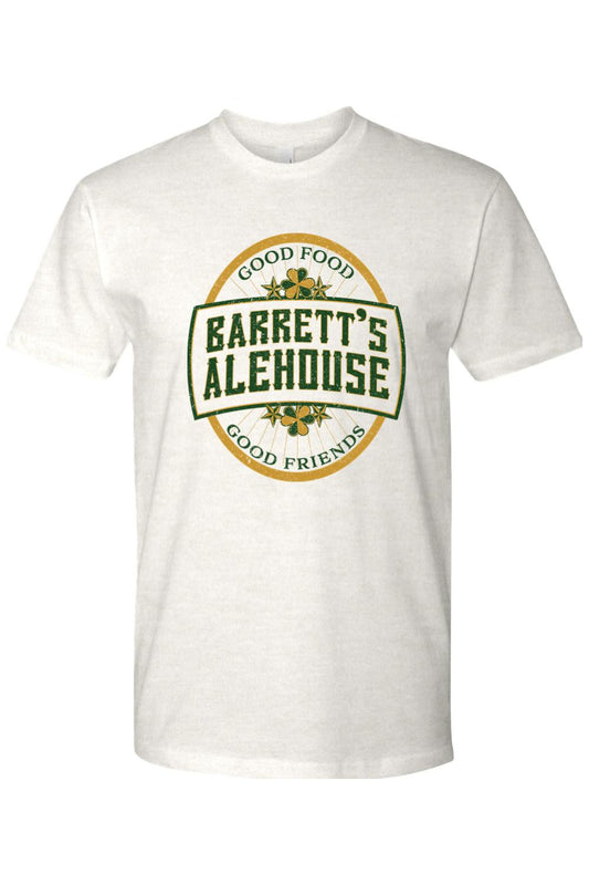 White cotton unisex t-shirt featuring a green and gold Barrett's Alehouse logo with shamrock accents.