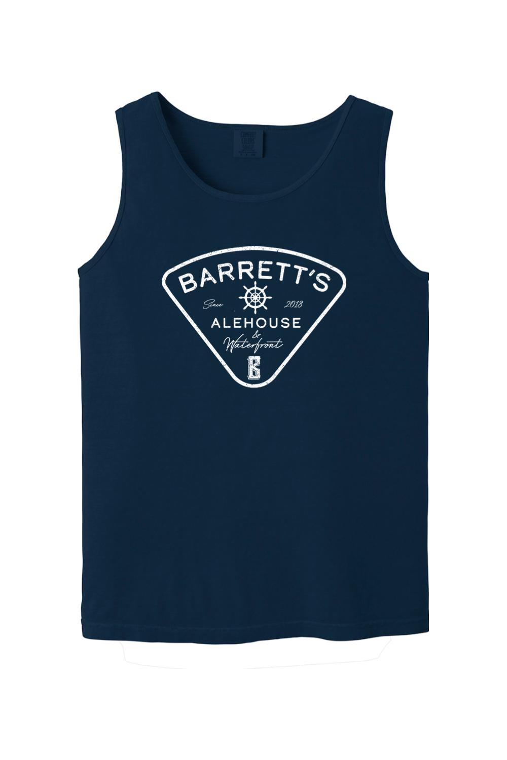 Navy blue Comfort Colors cotton tank top featuring a white Barrett's Alehouse & Waterfront logo graphic.