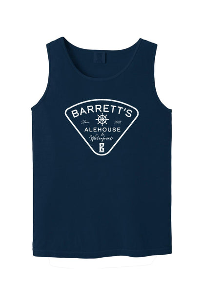 Navy blue Comfort Colors cotton tank top featuring a white Barrett's Alehouse & Waterfront logo graphic.