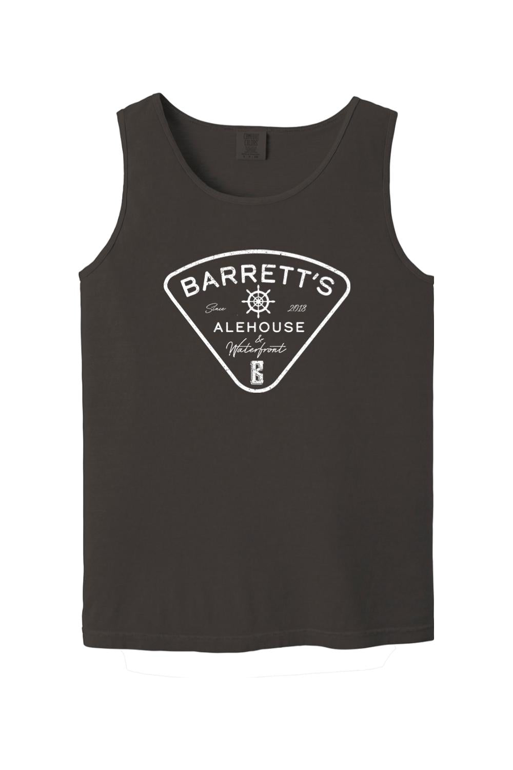Dark gray Comfort Colors cotton tank top featuring a white Barrett's Alehouse & Waterfront nautical logo graphic.