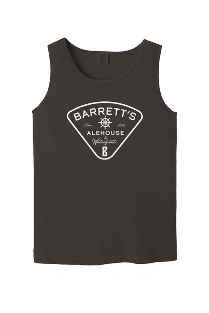 Dark gray Comfort Colors cotton tank top featuring a white Barrett's Alehouse & Waterfront nautical logo graphic.