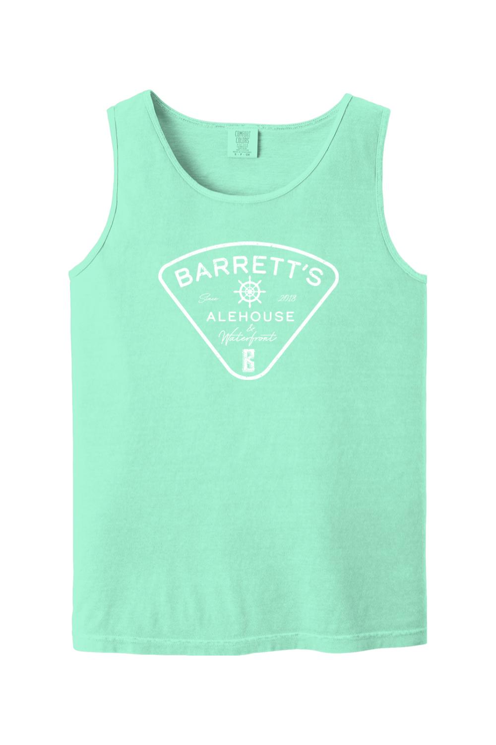 Mint green Comfort Colors unisex tank top featuring a white Barrett's Alehouse & Waterfront logo graphic.