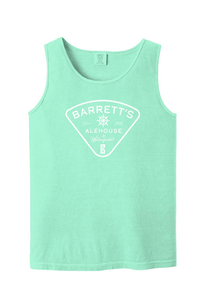 Mint green Comfort Colors unisex tank top featuring a white Barrett's Alehouse & Waterfront logo graphic.