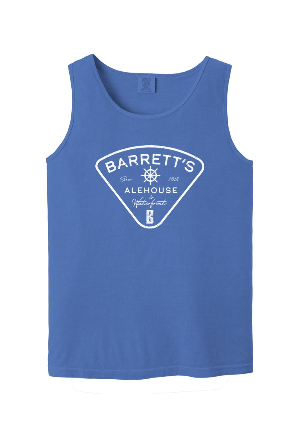 Blue Comfort Colors cotton tank top featuring a white Barrett's Alehouse & Waterfront logo graphic on the chest.